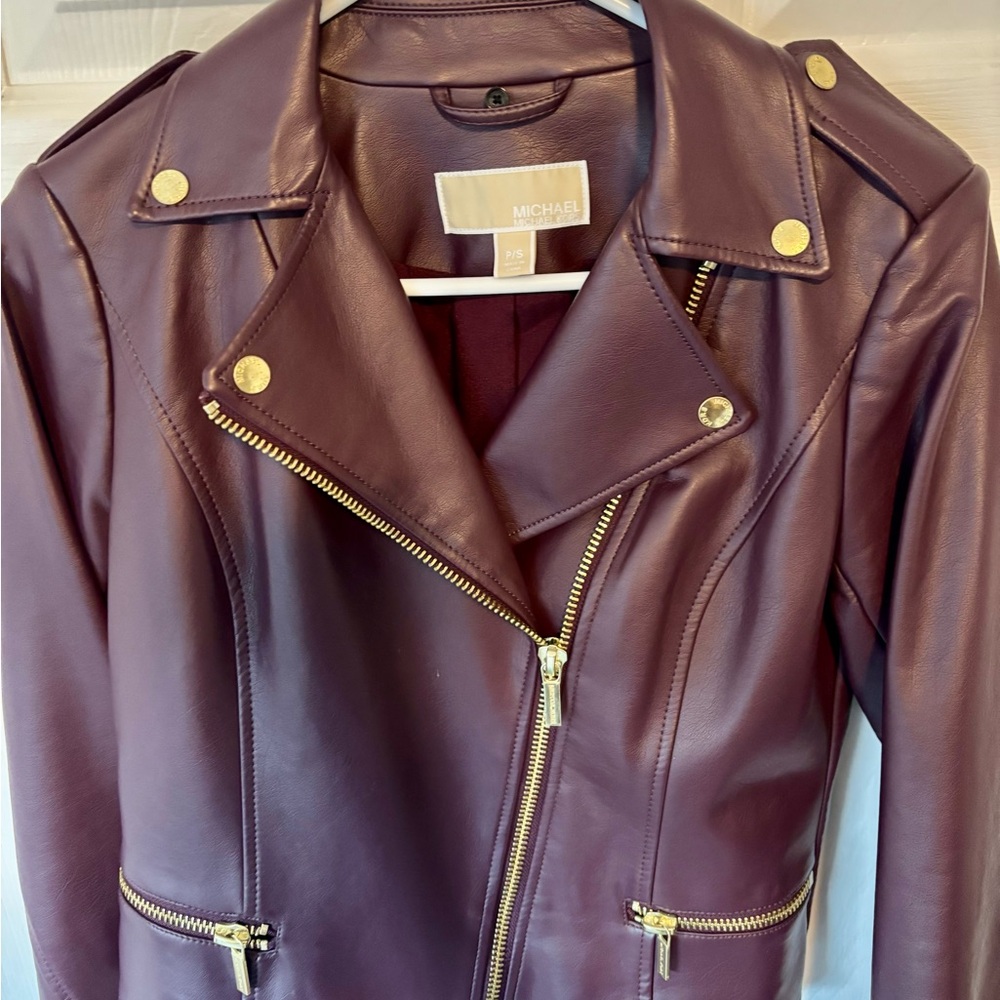 Michael Kors Deep Burgundy Leather Jacket with Gold Details